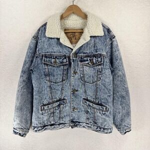 Vintage Bon Jour Denim Trucker Jacket Mens Medium Sherpa Lined Acid Wash 80s